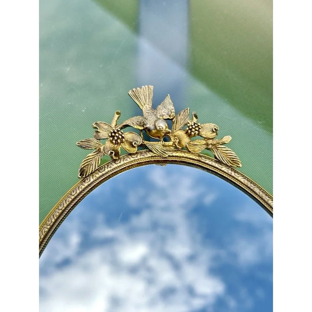 Vintage Matson Vanity Mirror Tray Birds Dogwood Gold Plated Hollywood Regency
